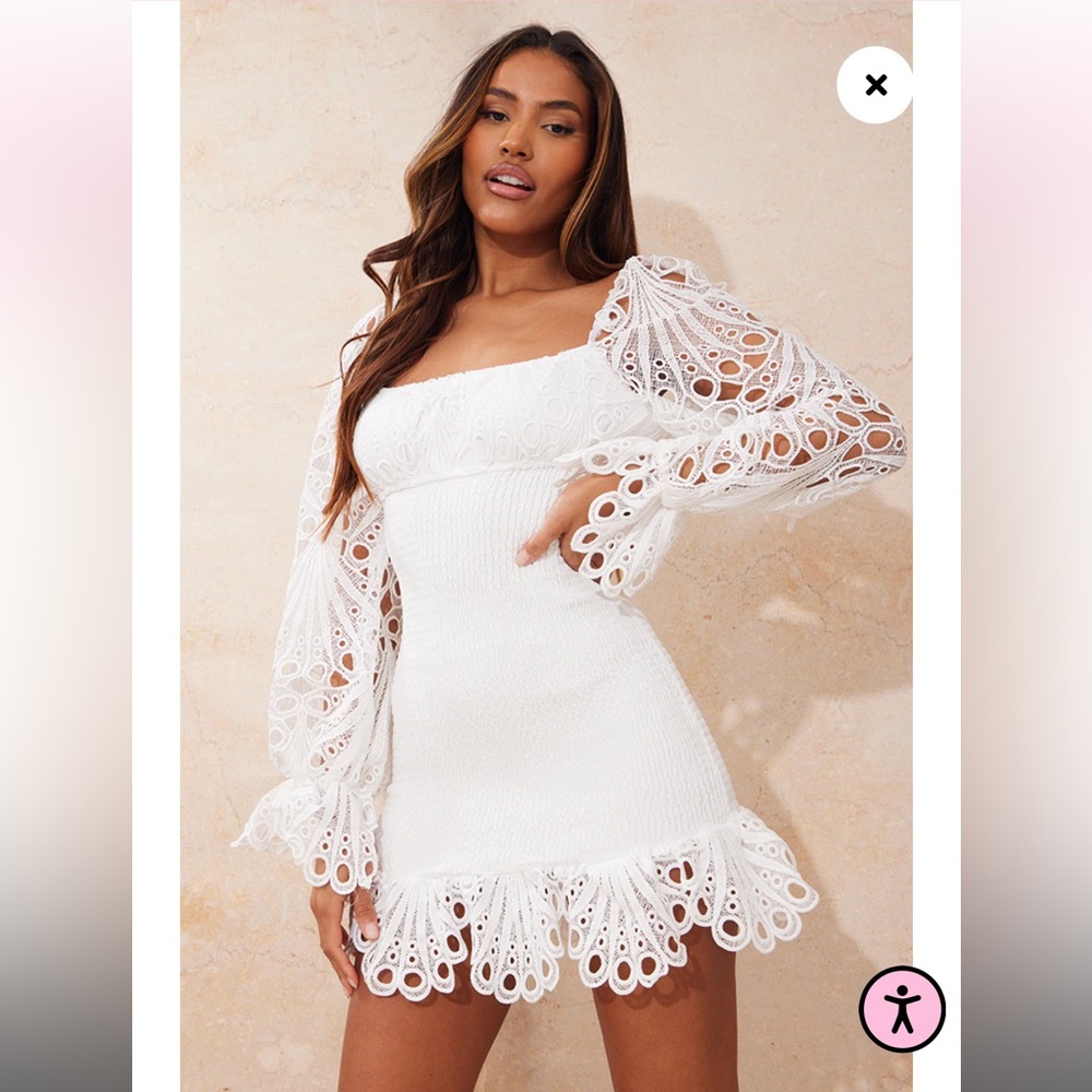 White Lace Sleeve Shirred Bodycon Dress